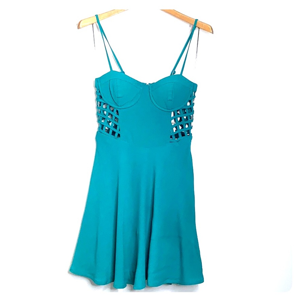 NWT LUSH Teal Turquoise Caged Strappy Bodice Dress